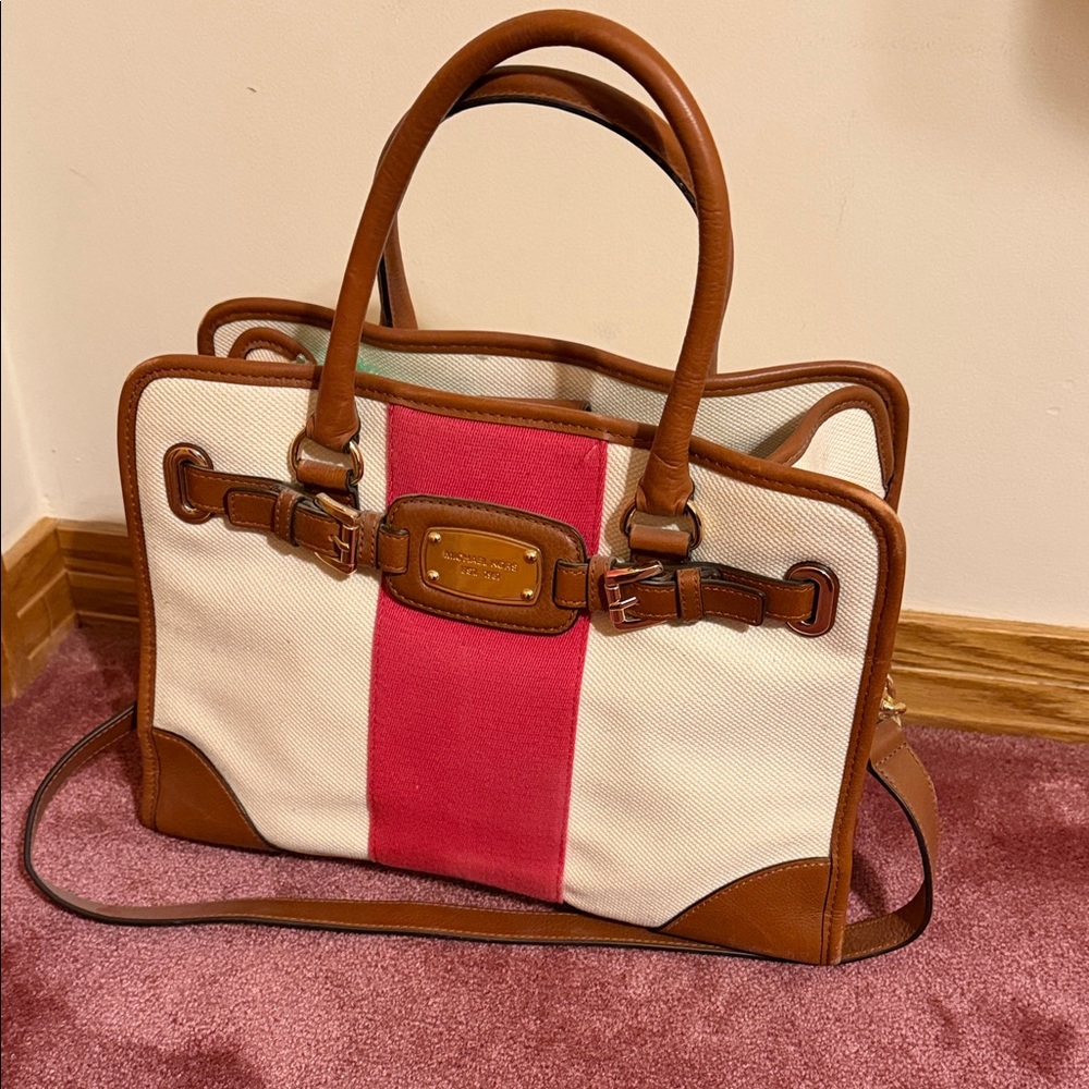 Michael Kors Cream and Pink Women's Tote Bag with Brown Leather Trim